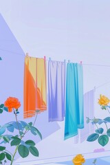 Colorful Towels Drying on Line with Floral Backdrop
