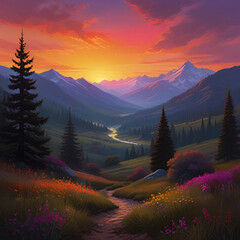 A stunning majestic of moutain in sunrise illustration