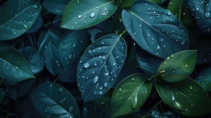 Dark blue and green leaves with water droplets, in the style of hyper realistic photography in the style of photography - obrazy, fototapety, plakaty