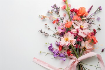 Colorful Bouquet with Ribbon on White Backdrop
