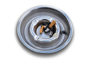 Stainless steel ashtray with some cigarette butts and ash in it on white. Top view