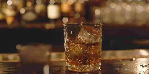 Glass of whiskey on the rocks with ice cubes on a wooden table.
