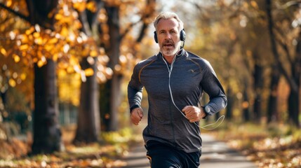 Fototapeta premium Closeup cropped portrait of male caucasian mature athlete sportsman runner listening to the music while jogging on park in the morning.