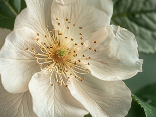 Obraz premium Close Up of a White Flower With Green Leaves