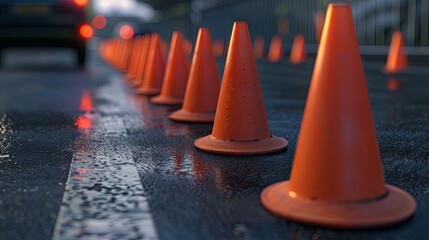 Orange traffic cones on a wet road at dusk