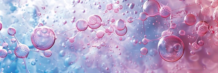 An artistic representation of bubbles and molecules as a background concept for cosmetic products, enhancing the theme of cleanliness and rejuvenation. - obrazy, fototapety, plakaty