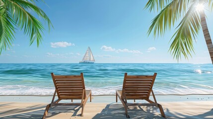 Fototapeta premium Two beach chairs are on the beach next to the ocean