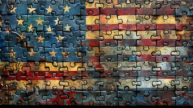 A creative representation of the USA flag constructed from puzzle pieces, symbolizing the unity and diversity of the American people.