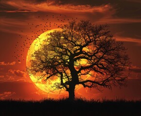 Tree With Birds Flying in Front of Full Moon