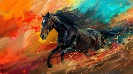 Vibrant abstract horse in motion on colorful background