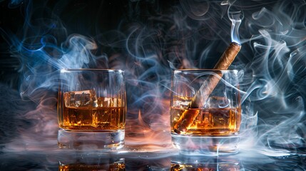 Smoky ambiance with whiskey glasses and a fine cigar