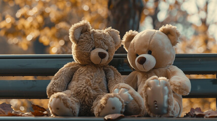 two adorable teddy bears sitting side by side on a bench sharing a tender moment as they gaze lovingly into each other's button eyes showcasing the bond of friendship and companionship 