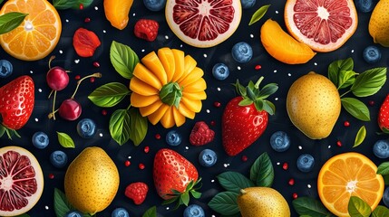 Vibrant summer background pattern of colorful tropical fruits.