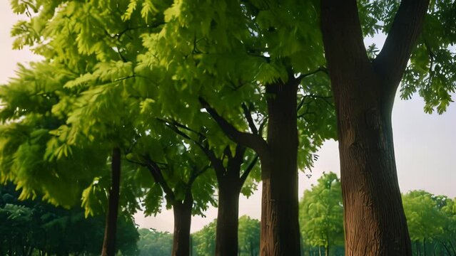 Video animation of Tall trees with vibrant green foliage form a dense canopy, allowing only glimpses of sunlight to filter through