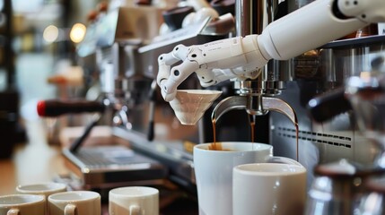 A coffee shops robot brews up piping hot freshly made coffee for customers, Generated by AI
