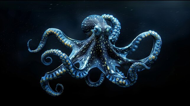 Majestic blue octopus swimming in the dark ocean depths