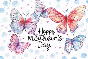 Happy Mother's Day greeting card design concept with flock of butterfly children painting.