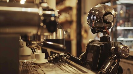 A robotic barista brews hot and aromatic coffee at the cafe ensuring a freshly made cup every time, Generated by AI