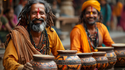 Fototapeta premium A senior Muslim man smiles joyfully at a festival, immersed in the tradition of drum music and face paint. Experience the happiness of indigenous cultures and lifestyle celebrations.