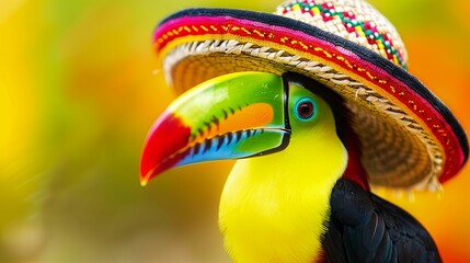 Obraz premium Colorful toucan bird wearing a sombrero hat against vibrant background
