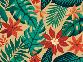 Seamless pattern with tropical leaves and flowers. Vector illustration.