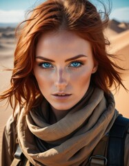 Redhead warrior woman in a desert portrait photo on sunny day looking at camera with blue eyes - obrazy, fototapety, plakaty