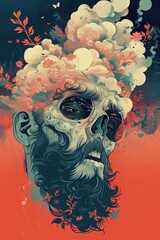 Artistic depiction of a human skull amidst vibrant floral clouds in a surreal environment.
