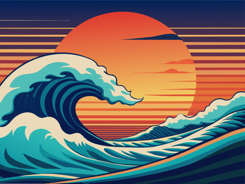 Sea wave in the sunset. Vector illustration of sea waves at sunset.