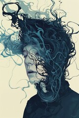 Abstract portrait of a woman with swirling, flowing hair in cool blue tones.
 - obrazy, fototapety, plakaty