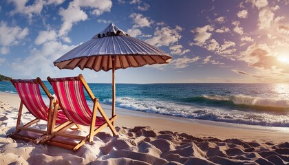summer in the beach with umbrella and chairs