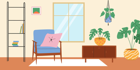 Living room interior with window and macrame plant. Vector illustration.