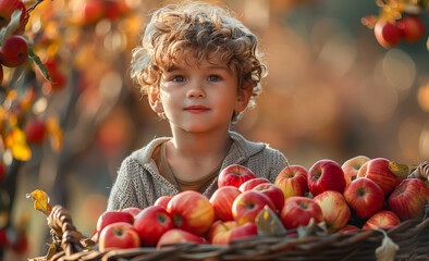 Fototapeta premium Cute little boy collects the apples in the basket in autumn garden.