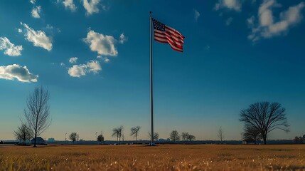 A respectful scene featuring the USA flag at half-mast against a sunset, symbolizing honor and remembrance for Memorial Day or Veterans Day.