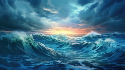 Dramatic seascape capturing turbulent waves under a stormy sky, illuminated by a distant,