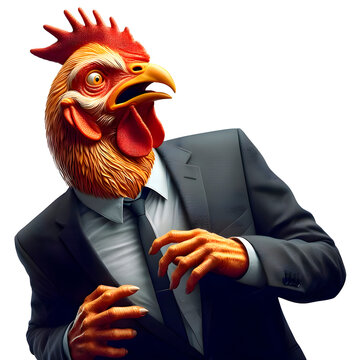 Creative animal concept. scared chicken character with suit on white background