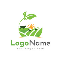 Green agro logo with fields and leaves. Logo design, farm logo design