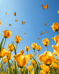 Obraz premium Meadow field with blossom yellow Tulip flowers and brown butterflies against at sunny day with blue sky in summer, summer flower theme.