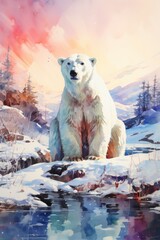 Cute polar bear watercolor illustration generated AI - obrazy, fototapety, plakaty