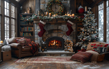 Fototapeta premium Christmas living room with fireplace sofa plaid and Christmas tree