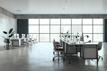 Minimalist coworking office interior with daylight. 3D Rendering.