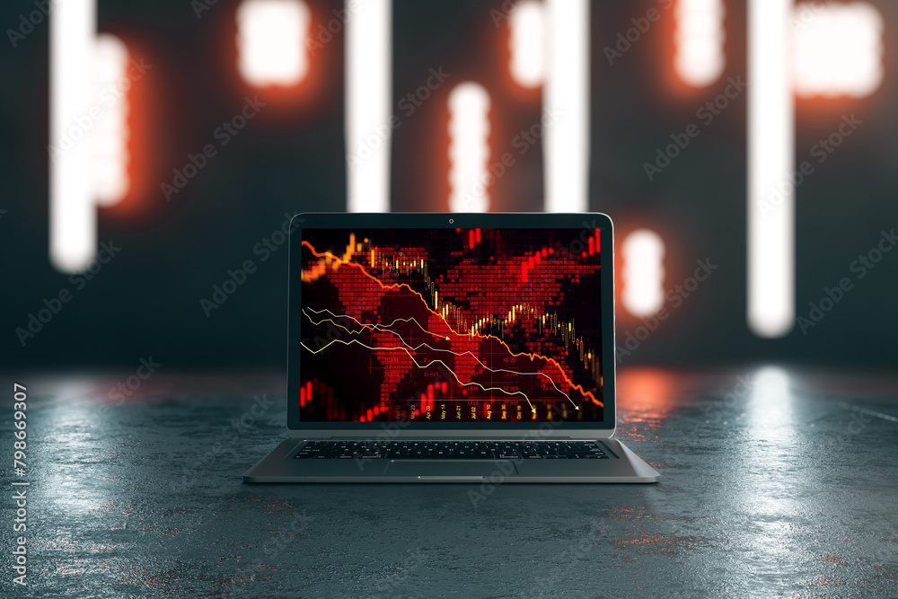 Poster close up of laptop with falling chart on screen on creative background. recession concept. 3d render