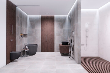 Sophisticated bathroom interior with dark fixtures and marble tiles. Design and luxury concept. 3D...