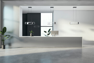 Contemporary luxury concrete office reception with window and city view. 3D Rendering.