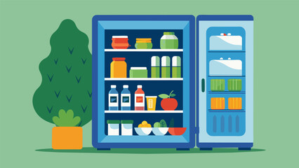 An office fridge stocked with locally sourced snacks and beverages supporting sustainable food practices and reducing transportation emissions.