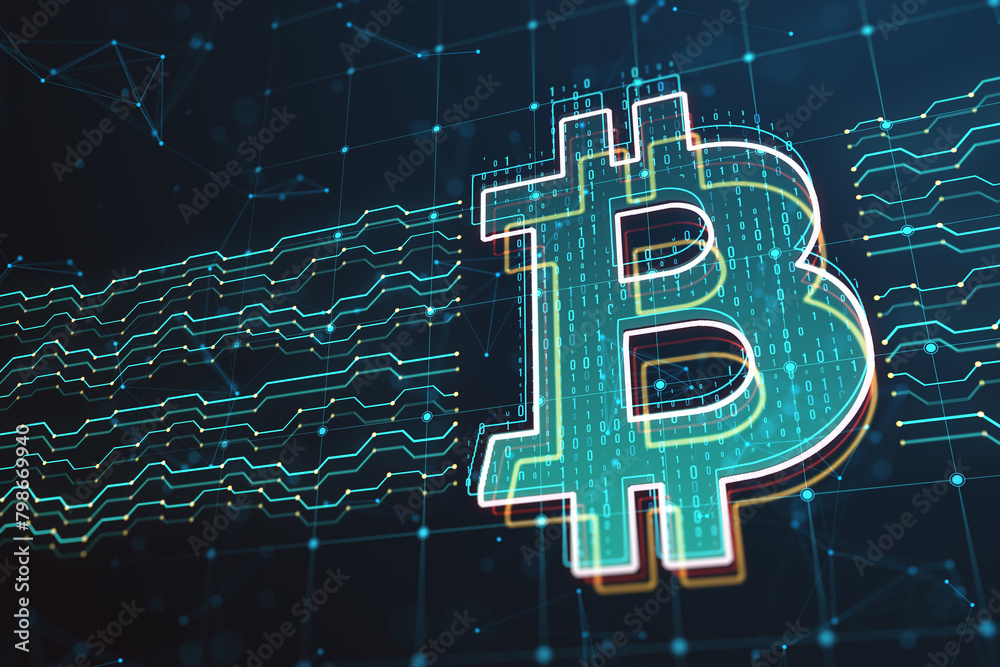 Poster Abstract digital bitcoin sign and circuit on dark grid backdrop. Online banking, trade and cryptography concept. 3D Rendering.