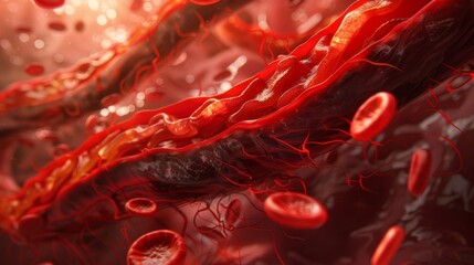 A cross-section of a human artery with flowing red blood cells and visible layers of tissue (realistic or artistic style).