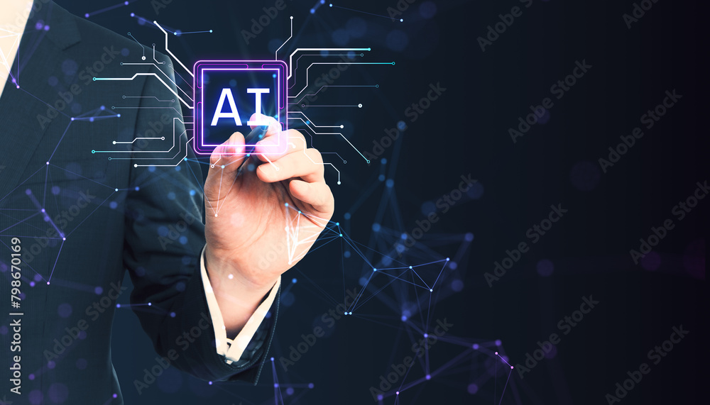 Poster Close up of businessman hand with pen using glowing polygonal circuit AI hologram on dark background. Artificial intelligence and innovation concept. Mock up place.