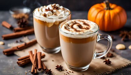 Pumpkin spice latte in a glass mug with cinnamon, nutmeg and cookies
