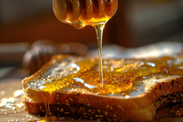 A golden toasted slice of bread with a generous drizzle of honey - Powered by Adobe