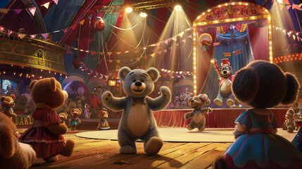 A lively circus performance starring cartoon teddy bears showcasing their acrobatic skills juggling talents and daring feats under the big top eliciting cheers and applause